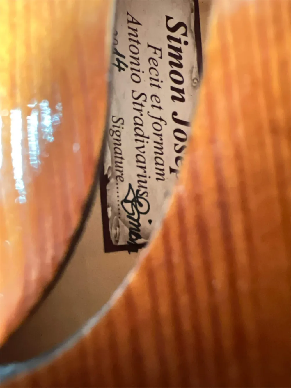 Simon Joseph Meister-Bratsche 15,5\" 39,5 cm, Stradivarius „Tuscan“ Modell, gebaut 2014 in Siebenbürgen - Etikettansicht