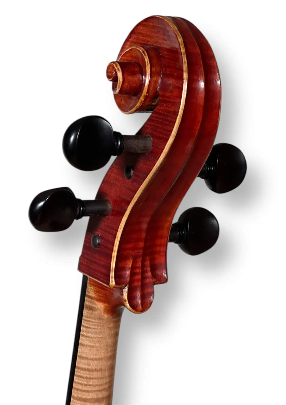 Simon Joseph 4/4 Meister-Cello nach Guadagnini „von Kohner“ 1743, gebaut 2023 – Schneckeansicht hinten, seitlich