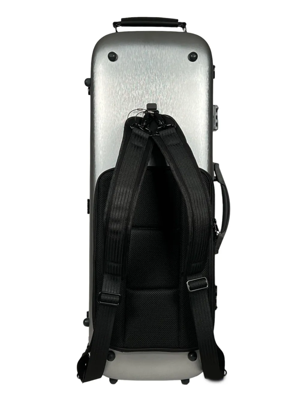 Detailansicht von hinten, mit Rucksackgurte eines Petz Viola (Bratsche) rechteckig Etuis CF502-GR in der Farbe außen silber