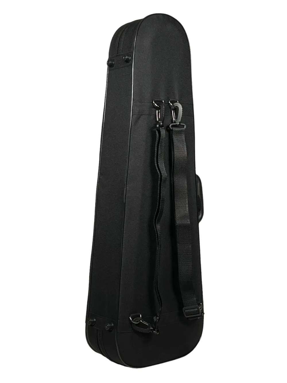 Detailansicht von unten mit Rcksackgurte eines Petz Violin (Geige) Form Etuis mit Schulterstützenfach in der Farbe außen schwarz, innen grün