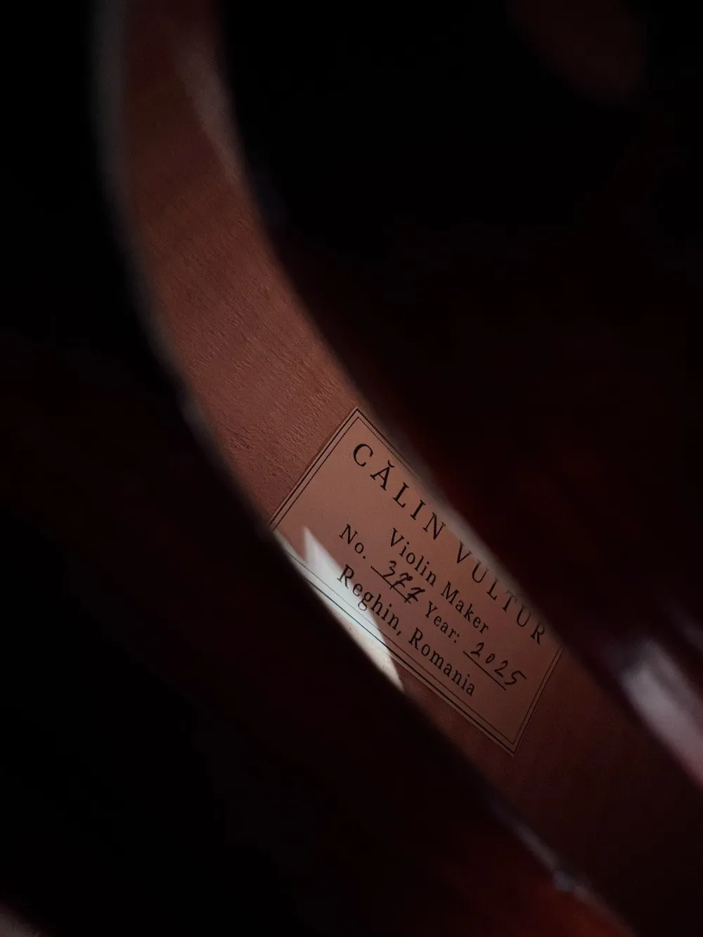 Calin Vultur Meistergeige 2025 – Stradivarius Modell – Etikettansicht Calin Vultur Meistergeige 2025 – Stradivarius Modell – Etikettansicht